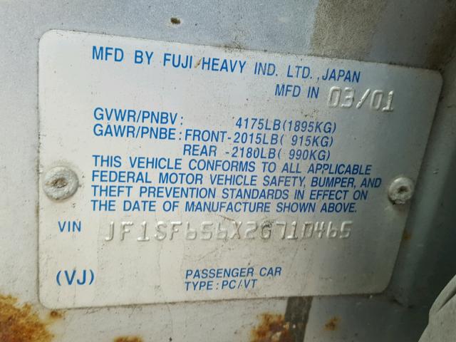 JF1SF656X2G710465 - 2002 SUBARU FORESTER S SILVER photo 10