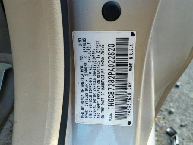 1HGCB7282PA022820 - 1993 HONDA ACCORD SE GOLD photo 10