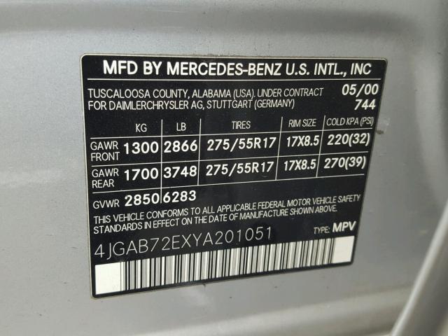 4JGAB72EXYA201051 - 2000 MERCEDES-BENZ ML 430 SILVER photo 10