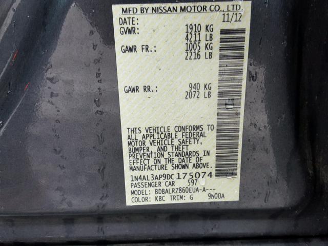 1N4AL3AP9DC175074 - 2013 NISSAN ALTIMA 2.5 GRAY photo 10