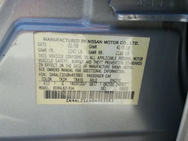 1N4AL21EX8N493983 - 2008 NISSAN ALTIMA 2.5 SILVER photo 10