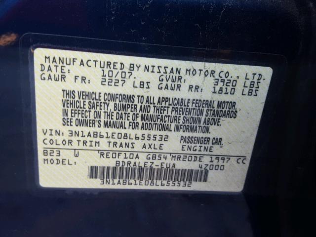 3N1AB61E08L655532 - 2008 NISSAN SENTRA 2.0 BLUE photo 10