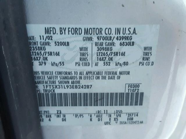 1FTSX31L93EB24287 - 2003 FORD F350 SRW S SILVER photo 10