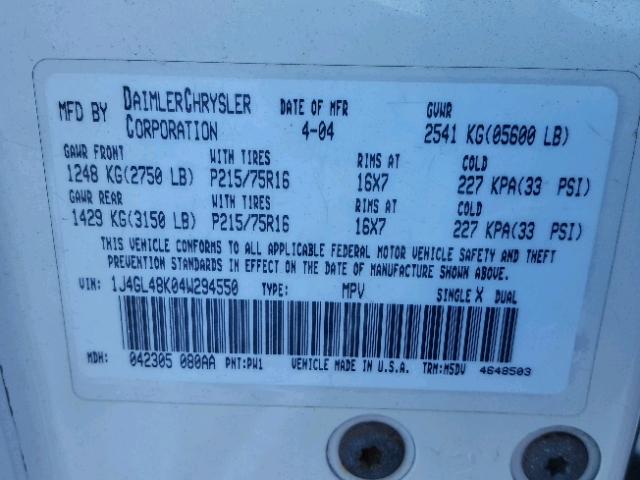 1J4GL48K04W294550 - 2004 JEEP LIBERTY SP WHITE photo 10