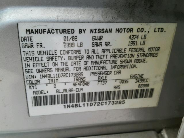 1N4BL11D72C173285 - 2002 NISSAN ALTIMA SE SILVER photo 10