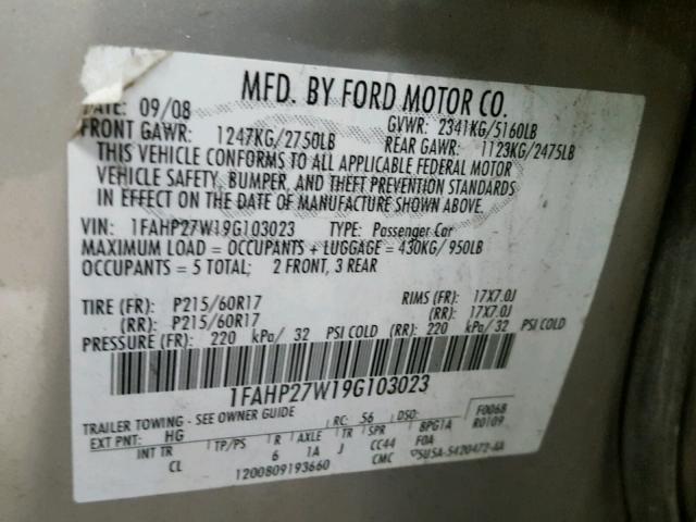 1FAHP27W19G103023 - 2009 FORD TAURUS SEL GRAY photo 10