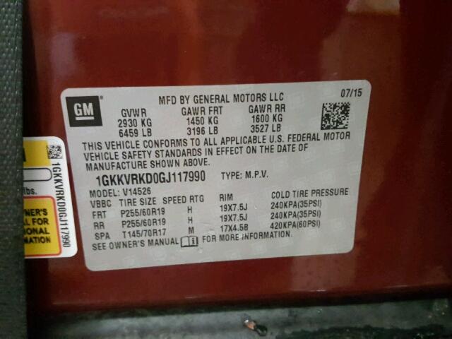 1GKKVRKD0GJ117990 - 2016 GMC ACADIA SLT მუქწითელი ფოტო 10