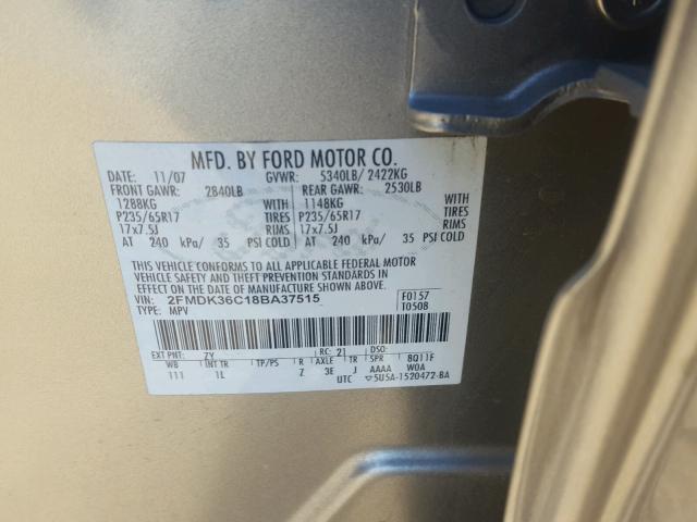 2FMDK36C18BA37515 - 2008 FORD EDGE SE GRAY photo 10