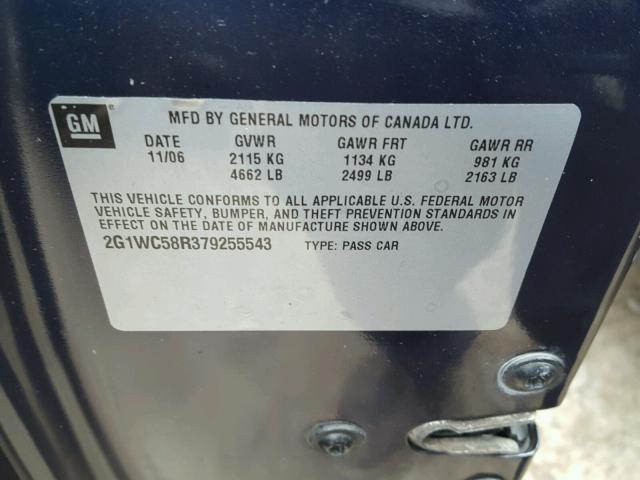 2G1WC58R379255543 - 2007 CHEVROLET IMPALA LT BLUE photo 10