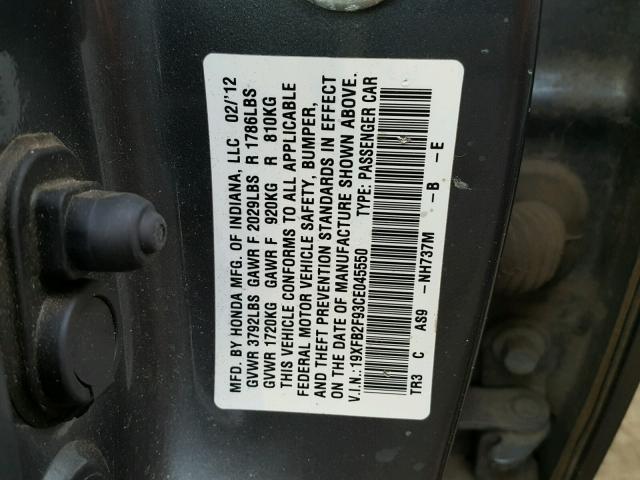 19XFB2F93CE045550 - 2012 HONDA CIVIC EXL GRAY photo 10