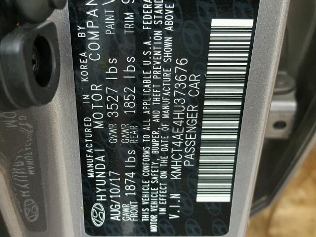 KMHCT4AE4HU373676 - 2017 HYUNDAI ACCENT SE GRAY photo 10