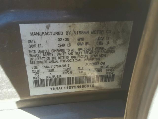 1N4AL11D75N480816 - 2005 NISSAN ALTIMA S GRAY photo 10