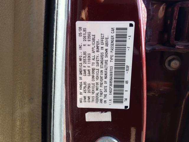 1HGCP36858A069703 - 2008 HONDA ACCORD EXL MAROON photo 10