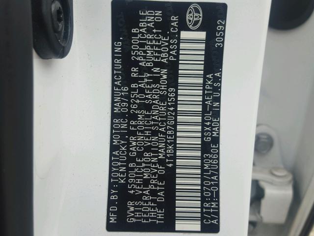 4T1BK1EB7GU241569 - 2016 TOYOTA AVALON XLE WHITE photo 10