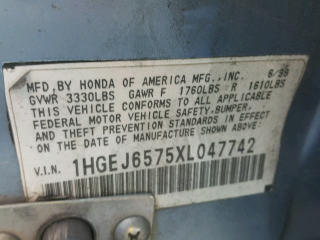 1HGEJ6575XL047742 - 1999 HONDA CIVIC LX SILVER photo 10