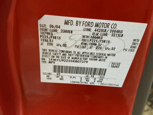 1FMYU92Z55KB07379 - 2005 FORD ESCAPE XLS RED photo 10