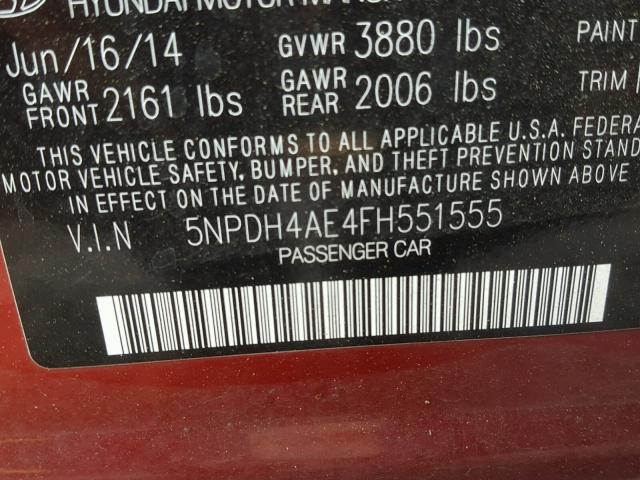 5NPDH4AE4FH551555 - 2015 HYUNDAI ELANTRA SE RED photo 10