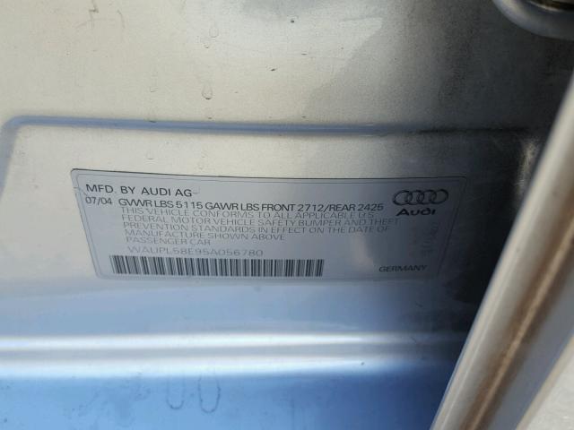 WAUPL58E95A056780 - 2005 AUDI S4 SILVER photo 10