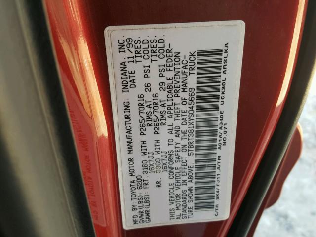 5TBRT381XYS045669 - 2000 TOYOTA TUNDRA ACC BURGUNDY photo 10