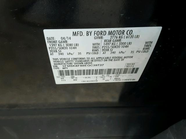 1FM5K8F88EGC39737 - 2014 FORD EXPLORER L BLACK photo 10