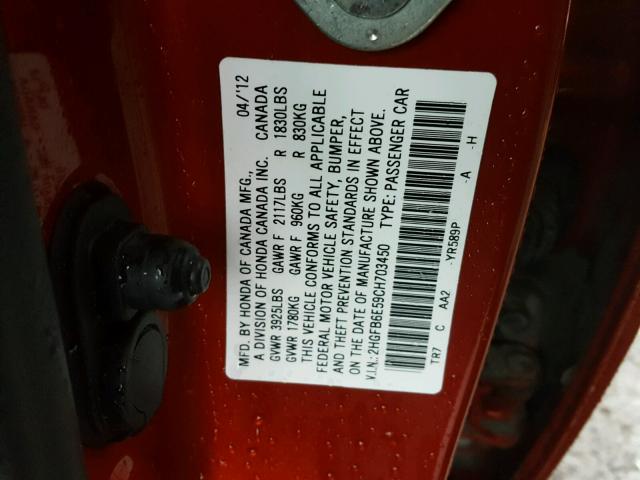 2HGFB6E59CH703450 - 2012 HONDA CIVIC SI ORANGE photo 10