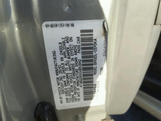 4T1BG22KX1U851842 - 2001 TOYOTA CAMRY CE SILVER photo 10