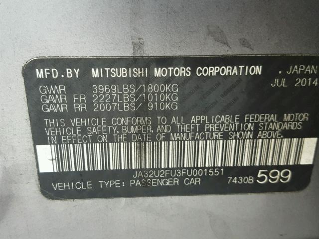 JA32U2FU3FU001551 - 2015 MITSUBISHI LANCER ES SILVER photo 10