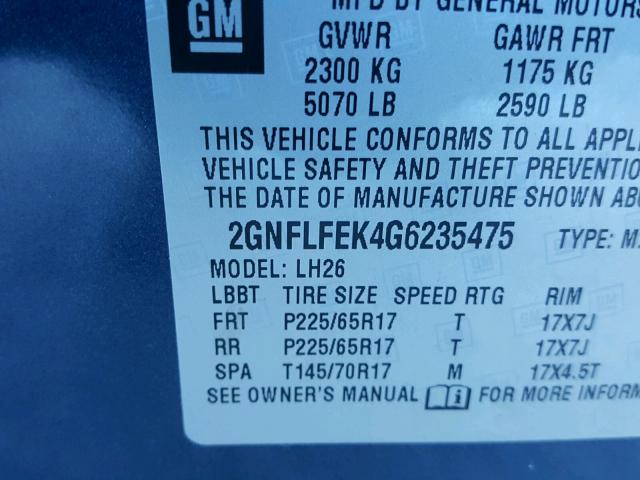 2GNFLFEK4G6235475 - 2016 CHEVROLET EQUINOX LT BLUE photo 10