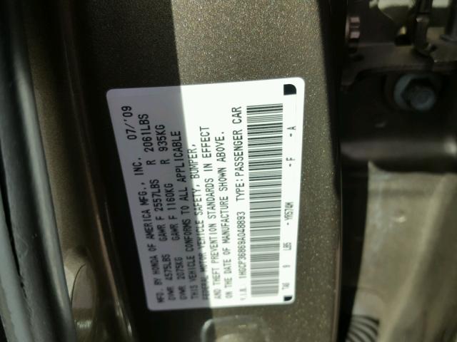 1HGCP36869A048893 - 2009 HONDA ACCORD EXL GOLD photo 10