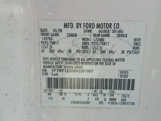 1FTRF12208KD81987 - 2008 FORD F150 WHITE photo 10