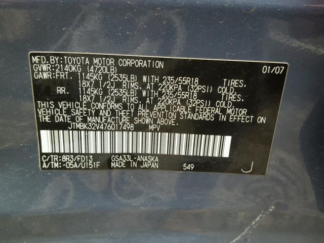 JTMBK32V476017498 - 2007 TOYOTA RAV4 SPORT BLUE photo 10