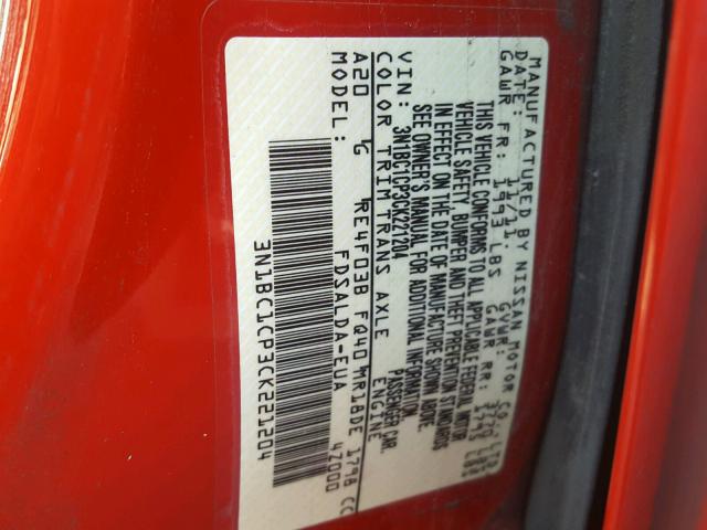 3N1BC1CP3CK221204 - 2012 NISSAN VERSA S RED photo 10