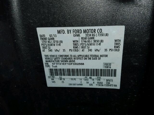 1FTFX1EF1DFD02568 - 2013 FORD F150 SUPER GRAY photo 10