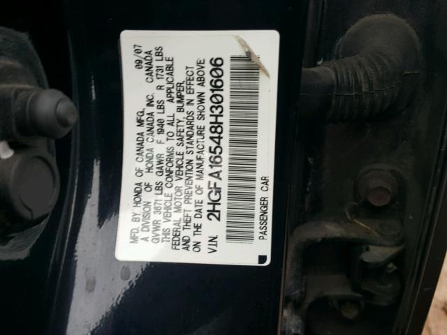 2HGFA16548H301606 - 2008 HONDA CIVIC LX BLACK photo 10