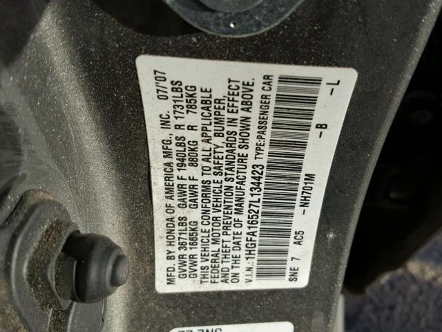 1HGFA16527L134423 - 2007 HONDA CIVIC LX GRAY photo 10