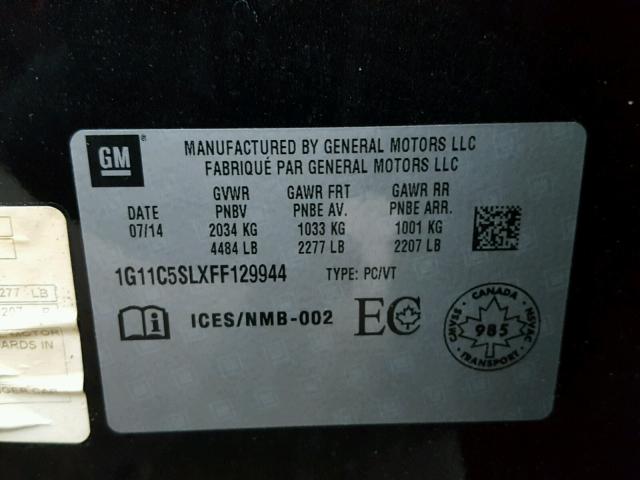 1G11C5SLXFF129944 - 2015 CHEVROLET MALIBU 1LT 黑色 照片 10