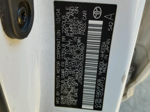 JTDKB20U953009867 - 2005 TOYOTA PRIUS WHITE photo 10