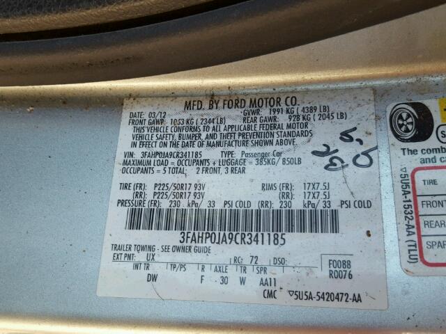 3FAHP0JA9CR341185 - 2012 FORD FUSION SEL SILVER photo 10