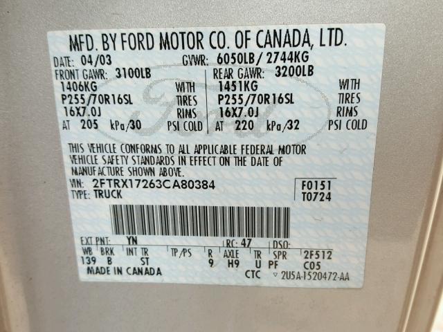 2FTRX17263CA80384 - 2003 FORD F150 GRAY photo 10