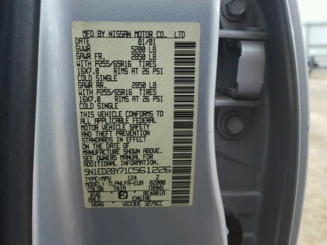 5N1ED28Y71C561226 - 2001 NISSAN XTERRA XE SILVER photo 10