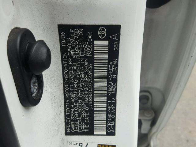 JTDKB20U277569886 - 2007 TOYOTA PRIUS WHITE photo 10