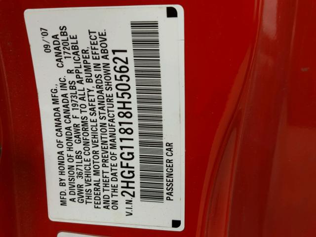 2HGFG11818H505621 - 2008 HONDA CIVIC EX RED photo 10