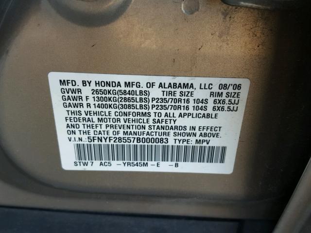 5FNYF28557B000083 - 2007 HONDA PILOT EXL BEIGE photo 10