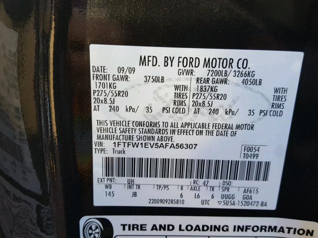 1FTFW1EV5AFA56307 - 2010 FORD F150 SUPER BLACK photo 10