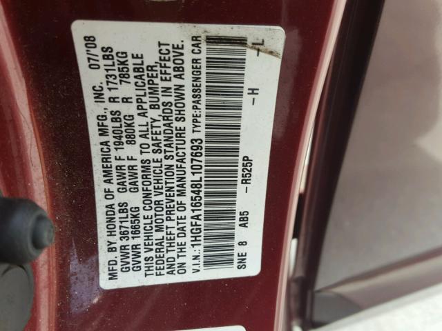 1HGFA16548L107693 - 2008 HONDA CIVIC LX BURGUNDY photo 10