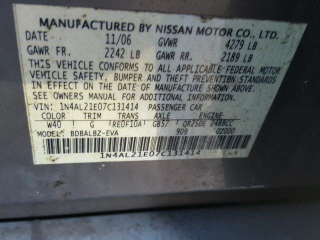 1N4AL21E07C131414 - 2007 NISSAN ALTIMA 2.5 SILVER photo 10