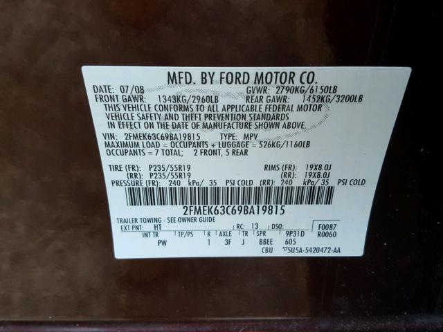 2FMEK63C69BA19815 - 2009 FORD FLEX LIMIT MAROON photo 10