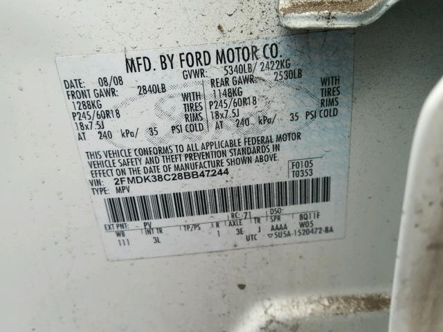 2FMDK38C28BB47244 - 2008 FORD EDGE SEL CREAM photo 10