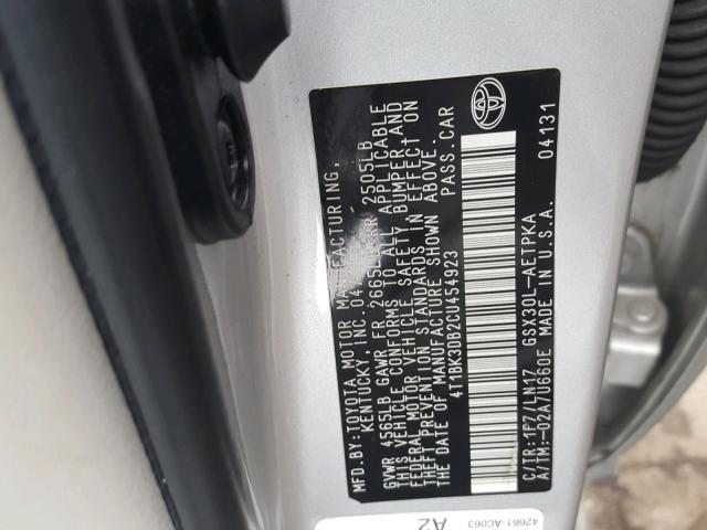 4T1BK3DB2CU454923 - 2012 TOYOTA AVALON BAS SILVER photo 10