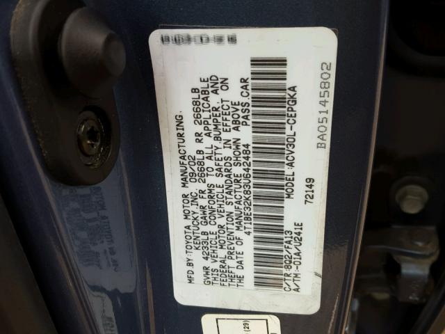 4T1BE32K83U642484 - 2003 TOYOTA CAMRY LE BLUE photo 10